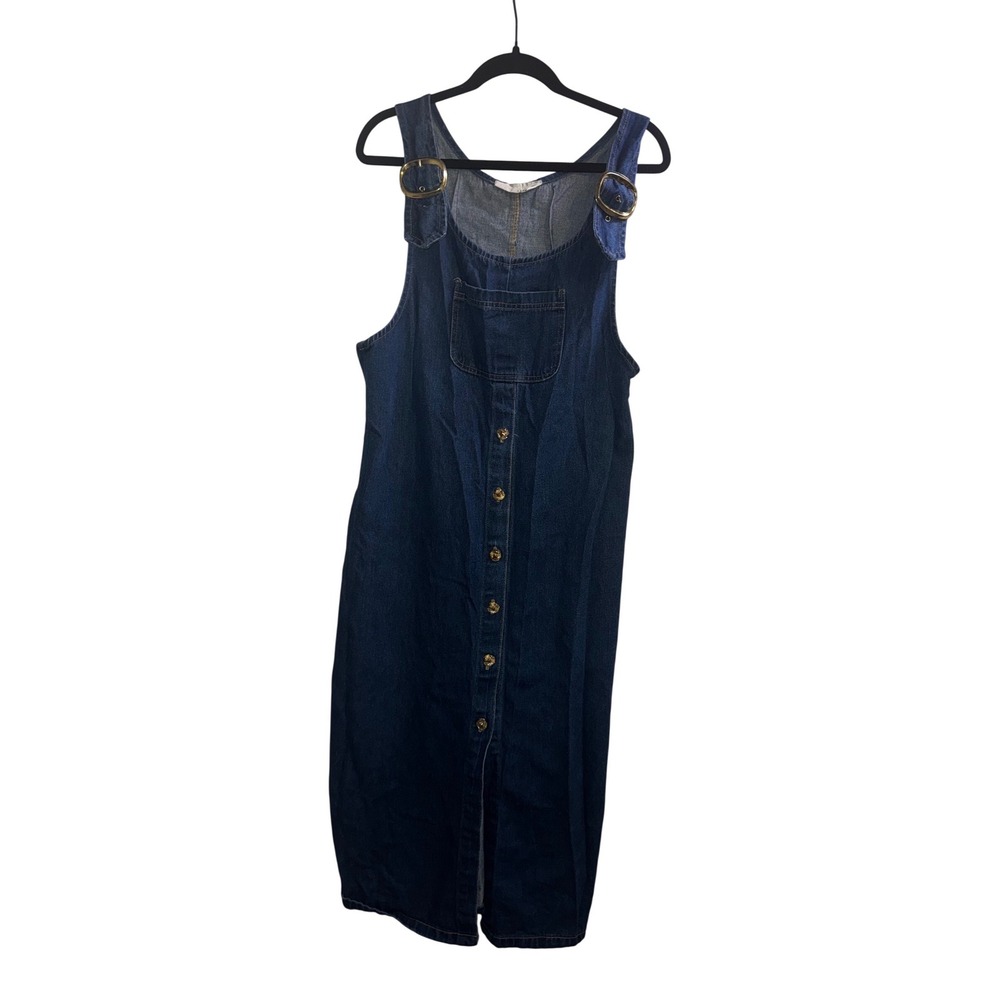 Vtg 90s S/M Blue Denim Overall Pinafore Jumper Dress Gold Button Front USA - Picture 1 of 8